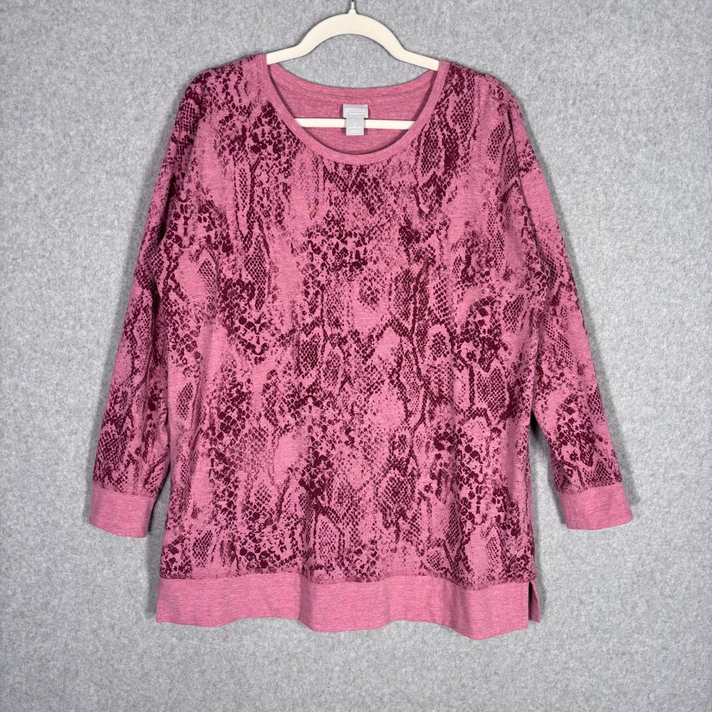 Chicos Zenergy Snake Print Tunic Top Large 2 Pink Cotton Jersey Stretch Soft